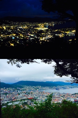 The view from my hammock on Mt. Fløyen, morning and night.